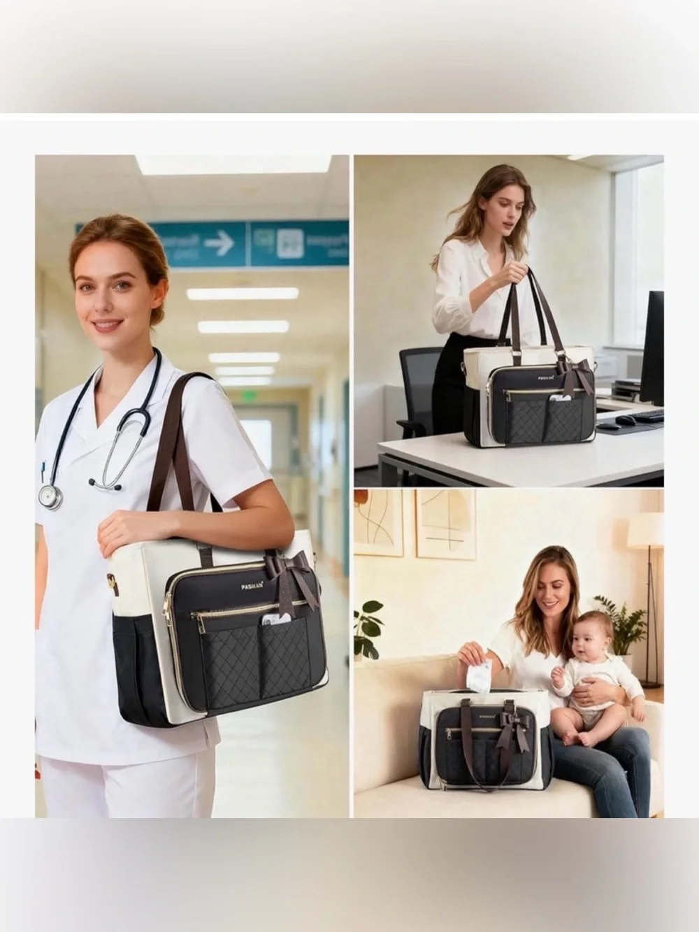 Black and Cream Women’s Organizer Tote Bag